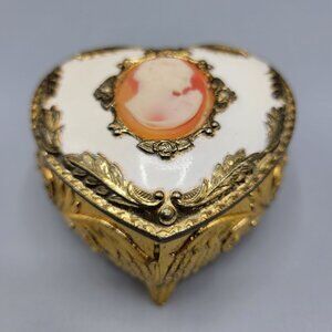 Vintage Heart Shaped Gold White Cameo Jewelry Trinket Box With Red Velvet Lining
